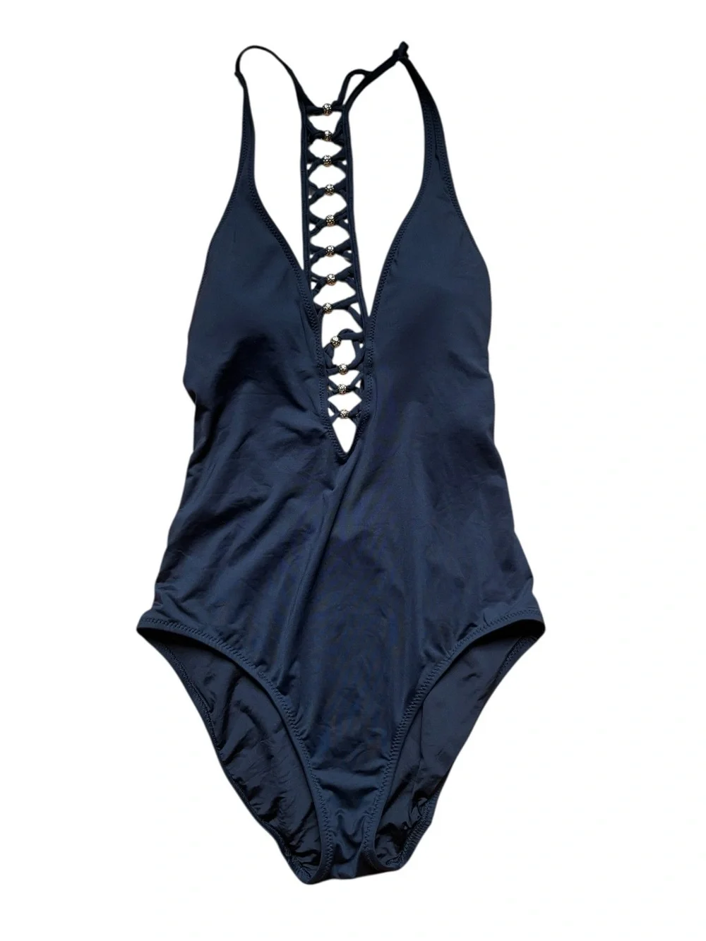 Trina Turk Black Lace-Up Gold Detail Plunge High-Cut One-Piece Swimsuit